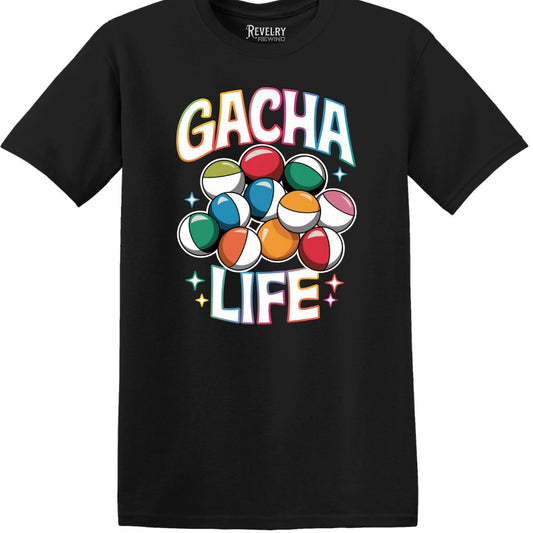Flat lay of Gacha Life design on black t-shirt