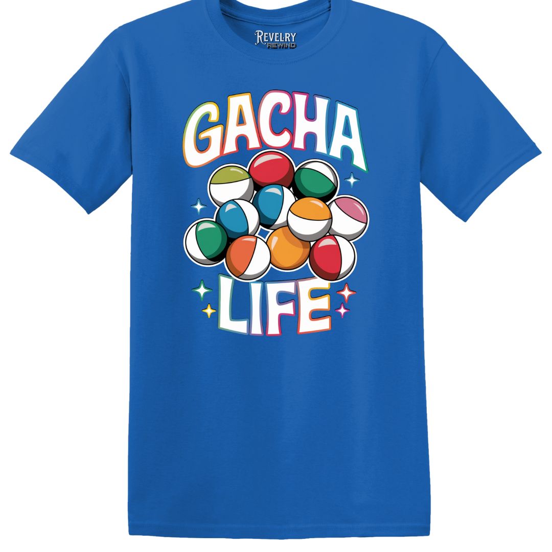 Flat lay of Gacha Life design on royal t-shirt