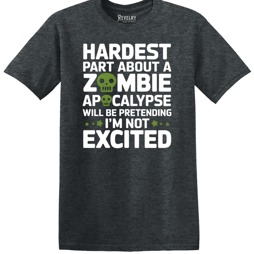 Funny zombie apocalypse t-shirt in Dark Heather, flatlay
