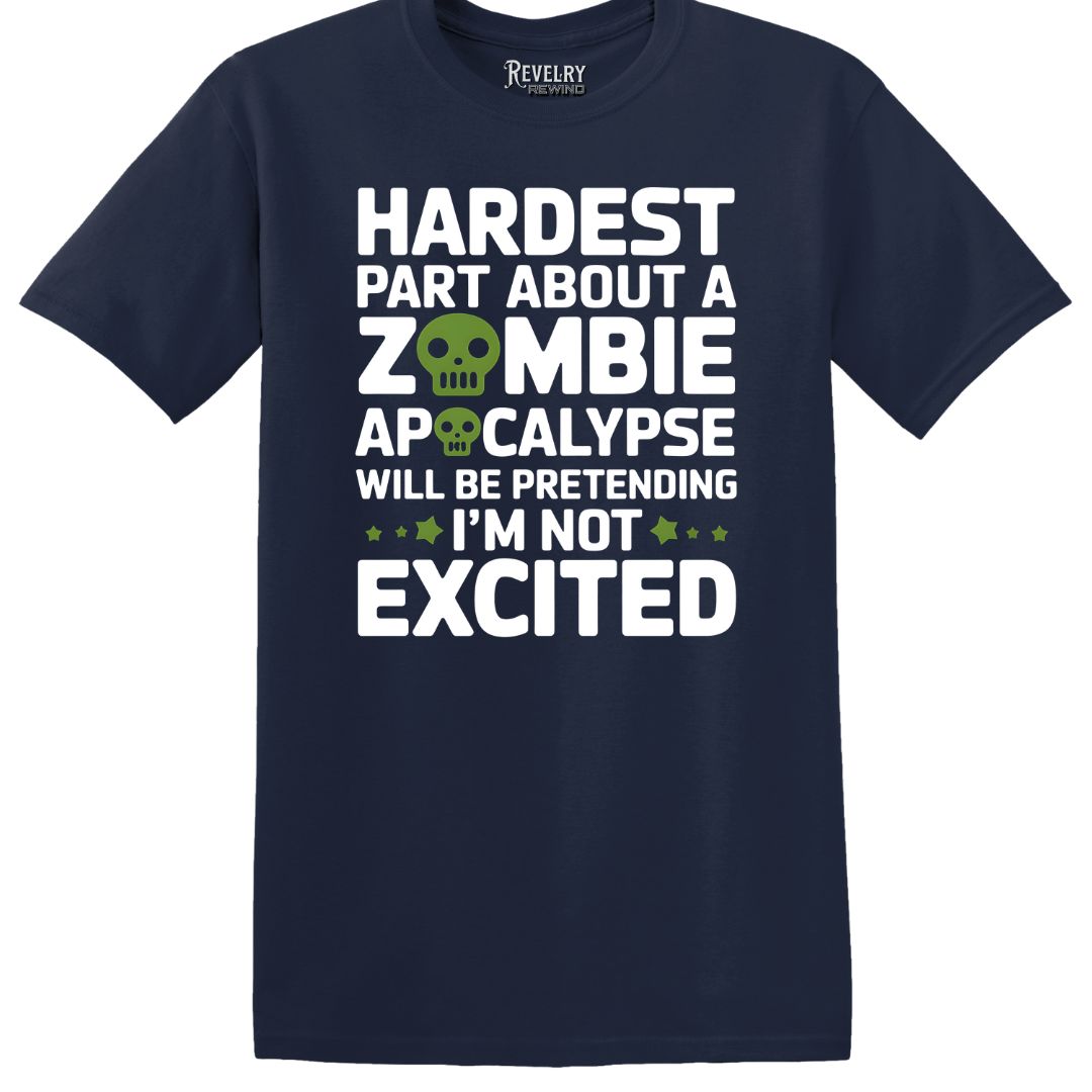 Funny zombie apocalypse t-shirt in Navy, flatlay