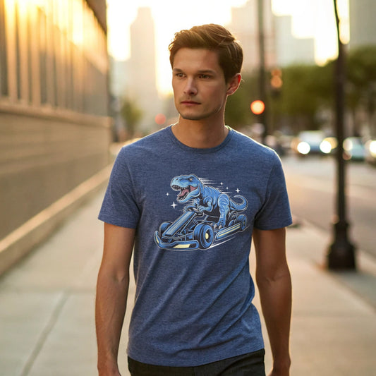 Male model strolling an urban sidewalk in a heather indigo crew-neck t-shirt with a blue dinosaur kart graphic, lifestyle street shot.