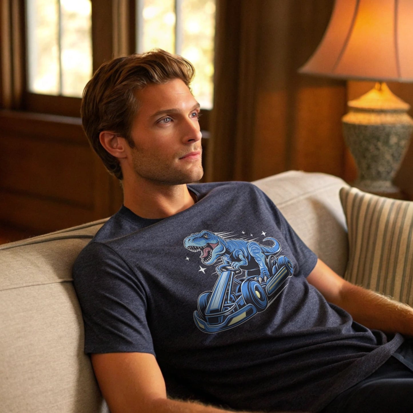 Male model lounging on a sofa in a heather navy crew-neck t-shirt with a blue dinosaur kart graphic, lifestyle home-interior shot.
