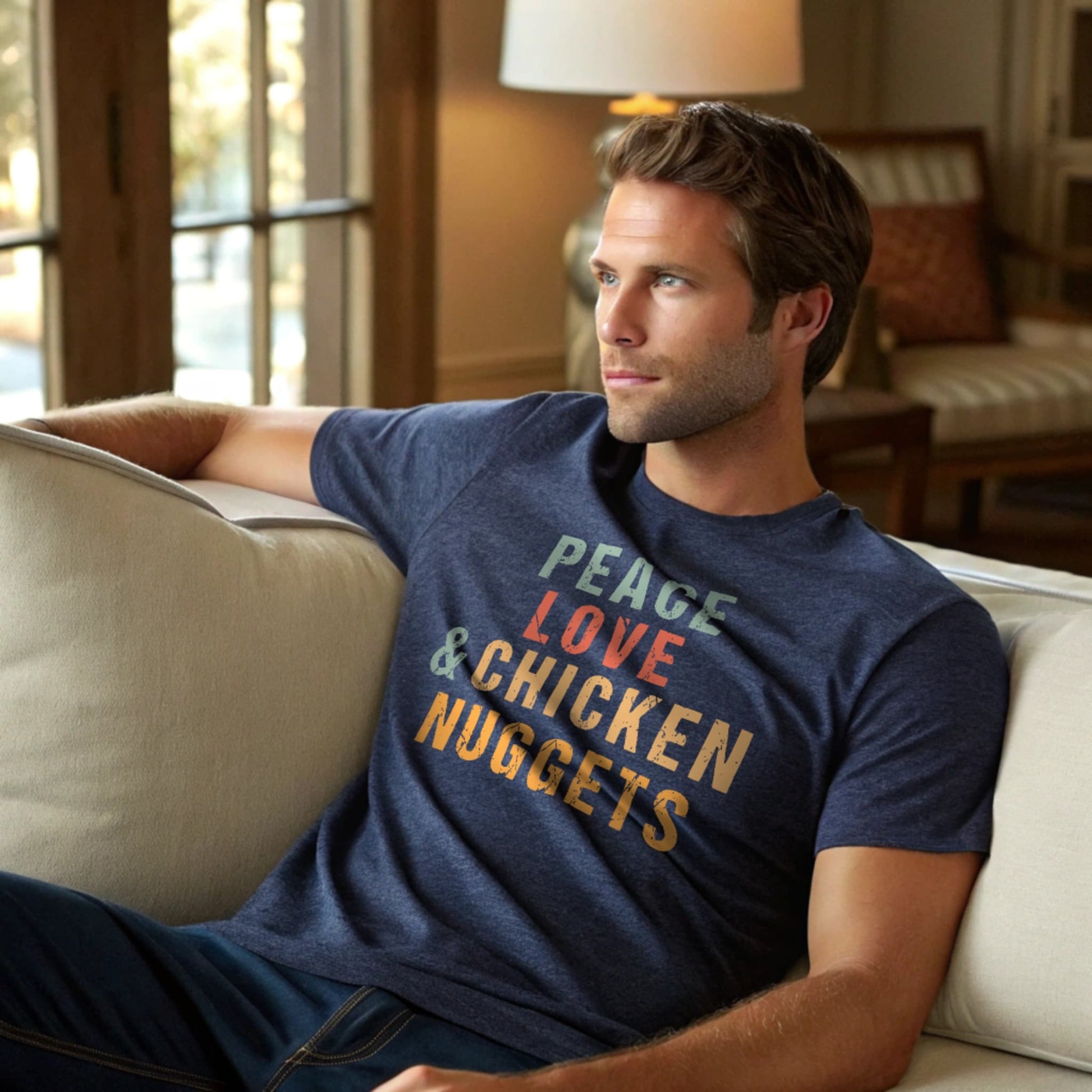 Male model lounging on a sofa in a heather navy crew-neck t-shirt with “Peace Love & Chicken Nuggets” text in multicolor block letters, lifestyle home-interior shot.