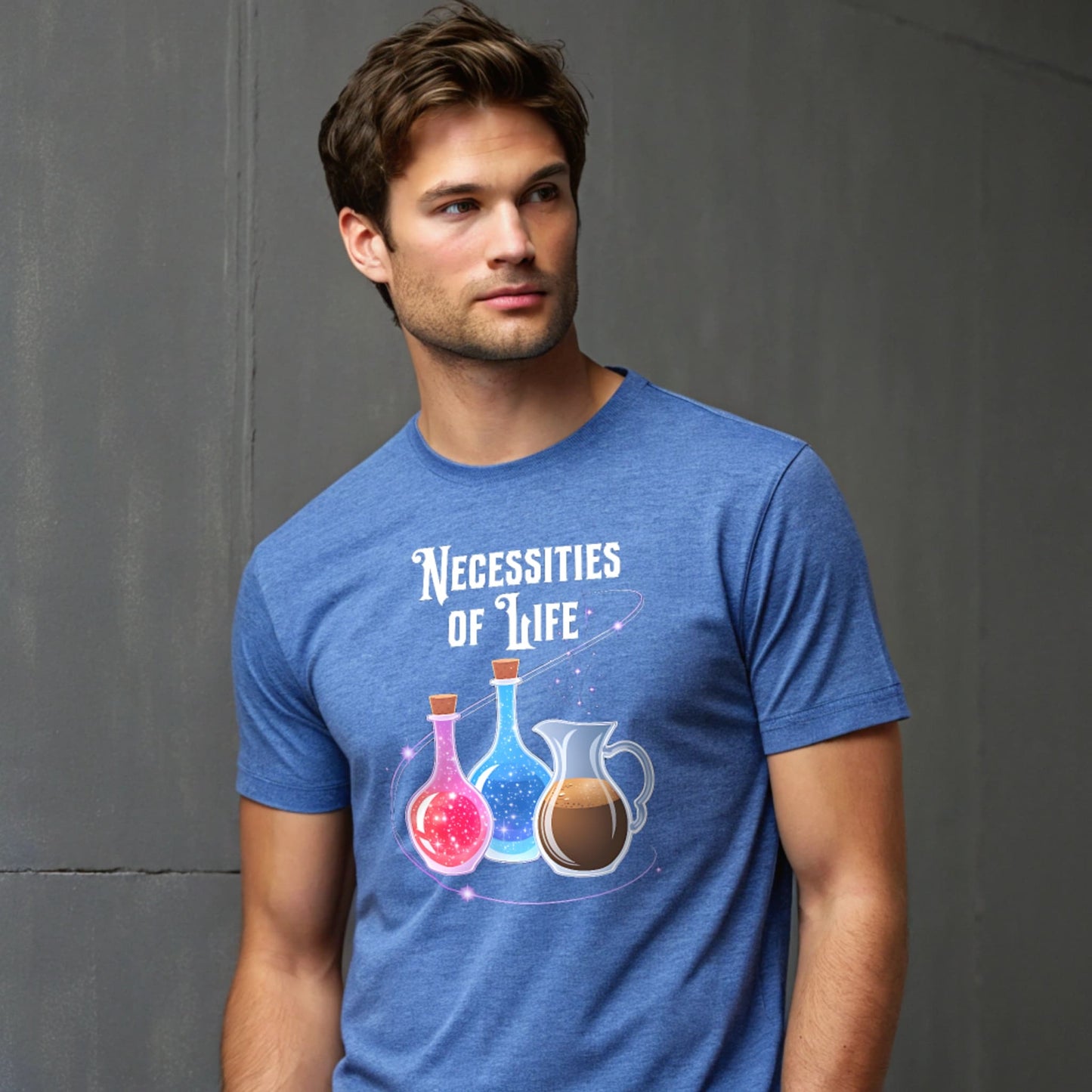 Male model leaning by a window in a heather royal crew-neck t-shirt with āNecessities of Lifeā potion graphic, lifestyle shot.