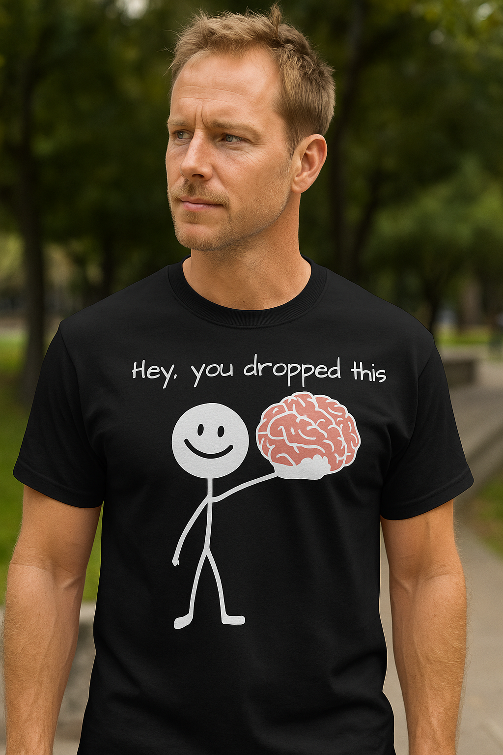 Man wearing Hey You Dropped This shirt in realistic setting
