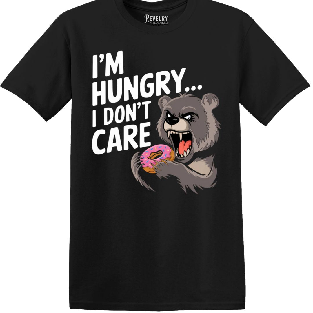 Flatlay of black I’m Hungry T-Shirt with funny bear and donut graphic
