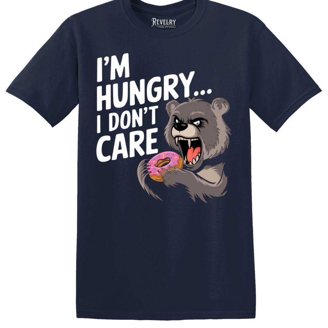 Flatlay of navy I’m Hungry T-Shirt with bear and donut illustration