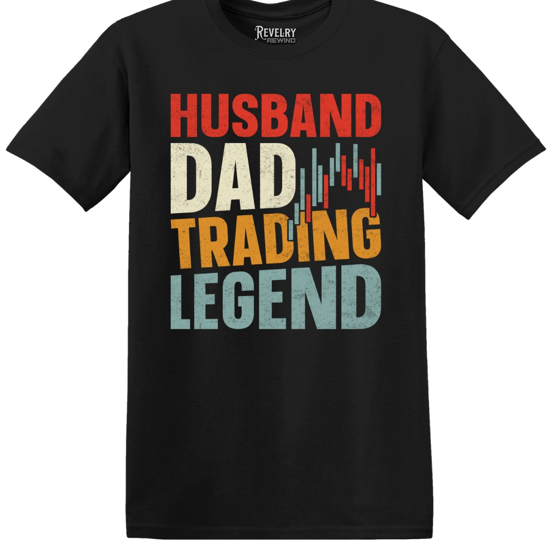 Flat lay of Husband Dad Trading Legend design on black t-shirt