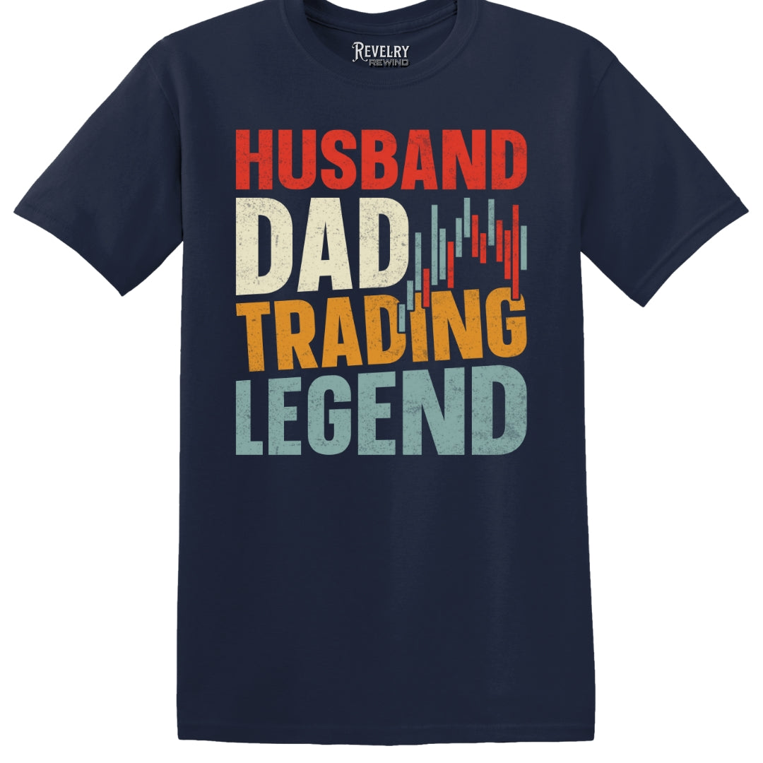 Flat lay of Husband Dad Trading Legend design on navy t-shirt