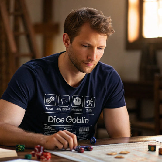 Navy lifestyle mockup of Dice Goblin T-Shirt on a male model gaming at a cozy den, plain crew neck