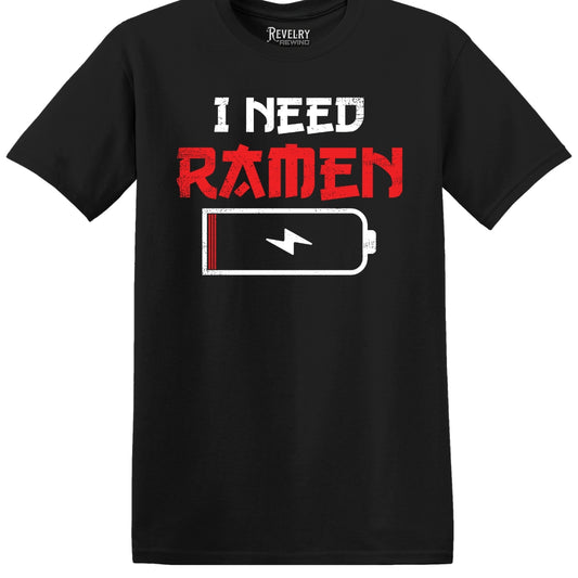 Flat lay of I Need Ramen design on black t-shirt