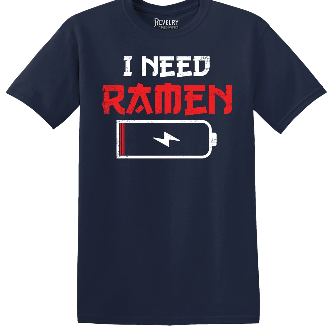 Flat lay of I Need Ramen design on navy t-shirt