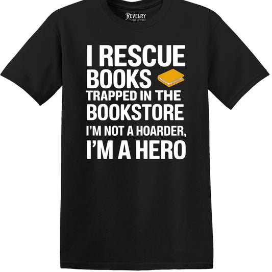 Flat lay of I Rescue Books design on black t-shirt