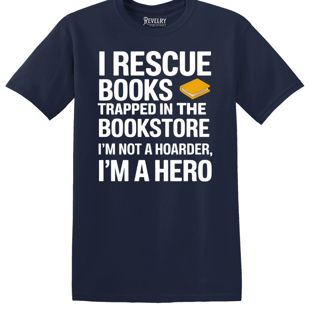 Flat lay of I Rescue Books design on navy t-shirt