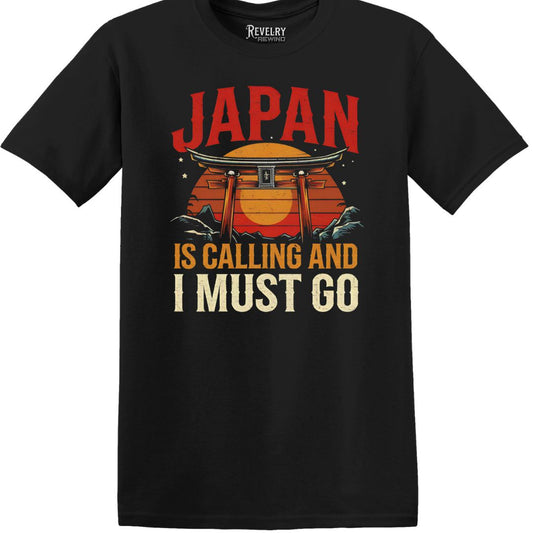 Flatlay of black t-shirt with torii gate and Japan landscape design