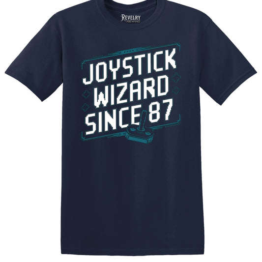 Flat lay of Joystick Wizard Since ’87 design on navy t-shirt