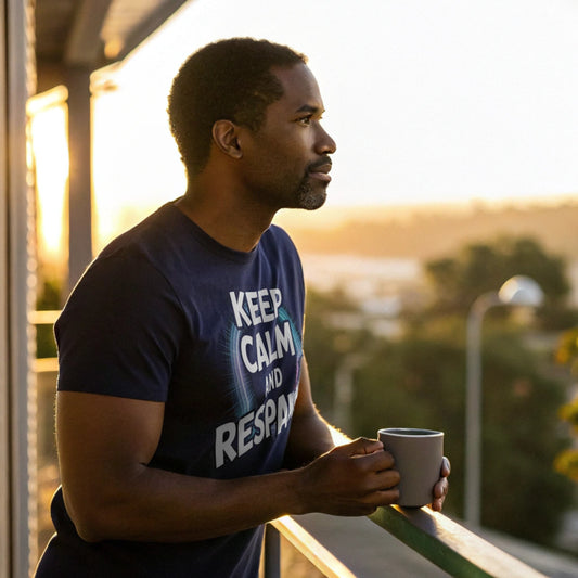 keep-calm-navy-mockup: Man wearing navy Keep Calm and Respawn shirt while drinking coffee at sunrise on a balcony