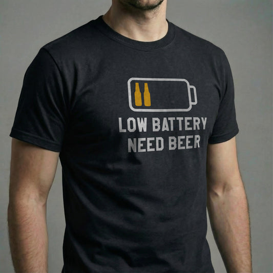 Man wearing Low Battery Need Beer T-Shirt in black