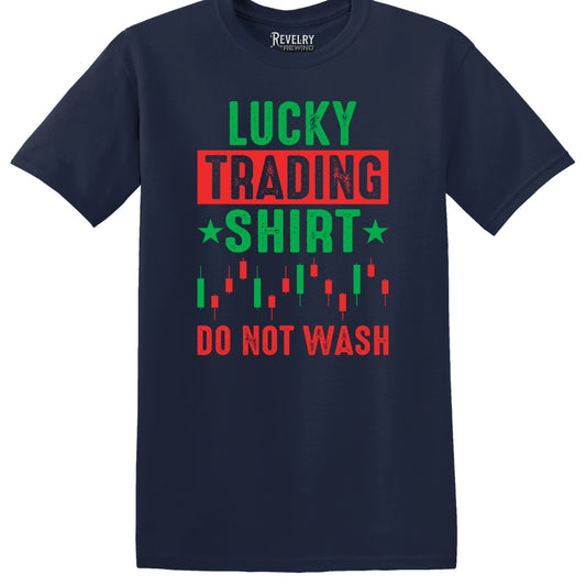 Flat lay of Lucky Trading Shirt design on navy t-shirt