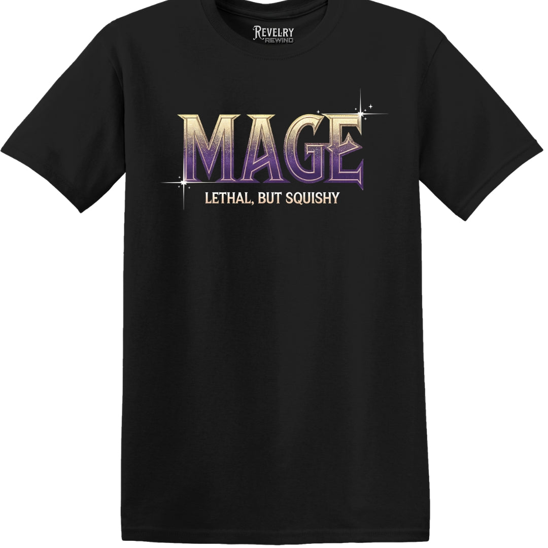 Flat lay of black funny mage t-shirt for RPG gamers