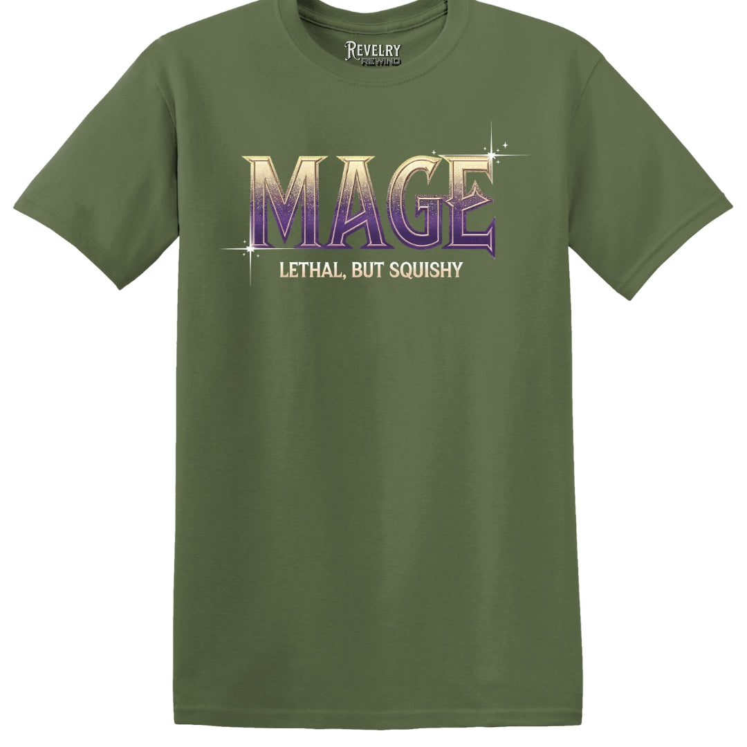 Flat lay of military green mage shirt for fantasy spellcasters