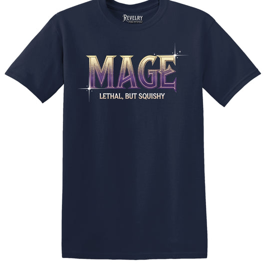 Flat lay of navy RPG mage shirt with “Lethal but Squishy” text