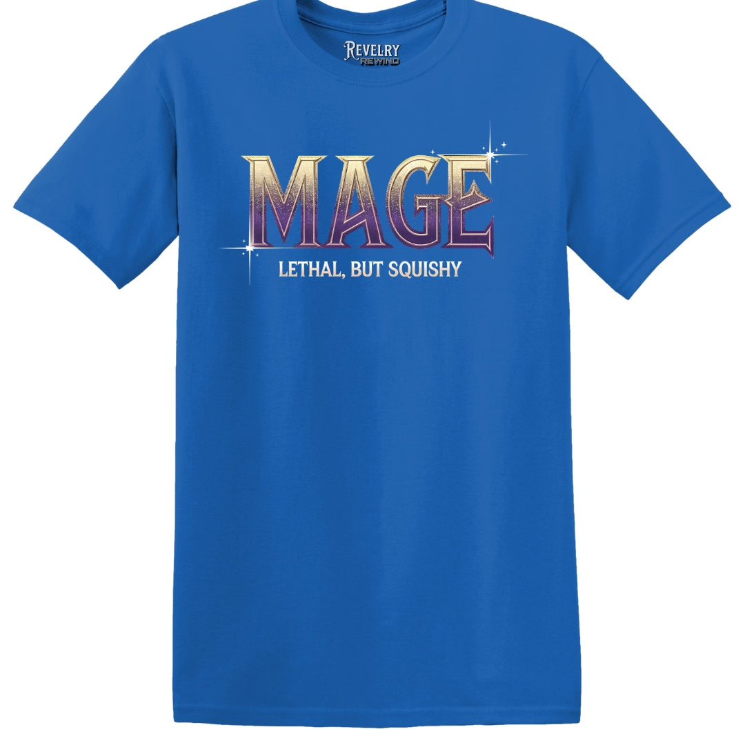 Flat lay of royal blue mage shirt with funny RPG phrase