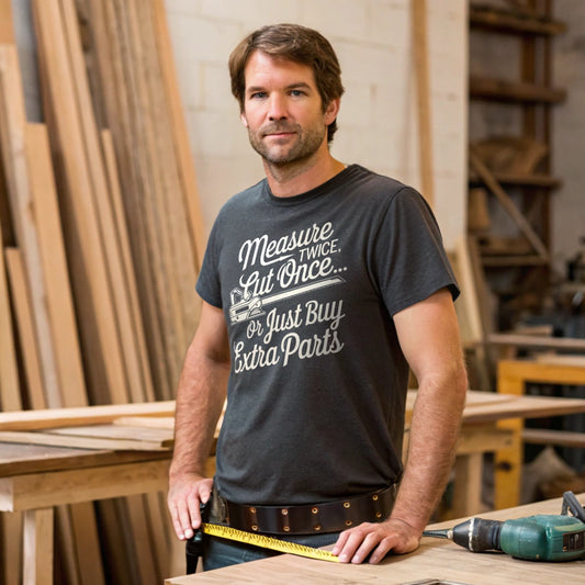 Hyper-realistic mockup of a 25–40-year-old man wearing a charcoal Measure Twice T-Shirt standing in a woodshop with lumber, a tape measure on his belt, and power tools on a workbench.