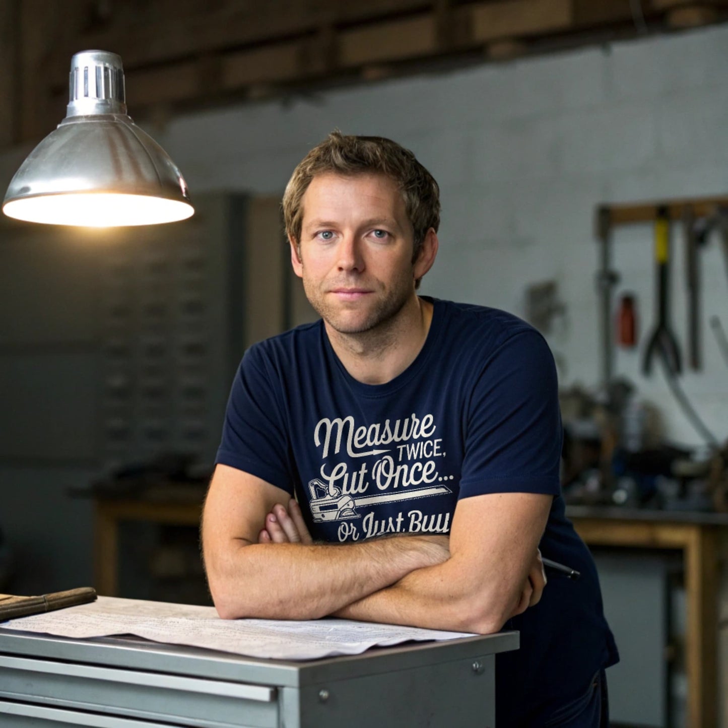 Hyper-realistic mockup of a 25–40-year-old man wearing a navy Measure Twice T-Shirt leaning on a metal tool cabinet in a garage with blueprints under a hanging work lamp.