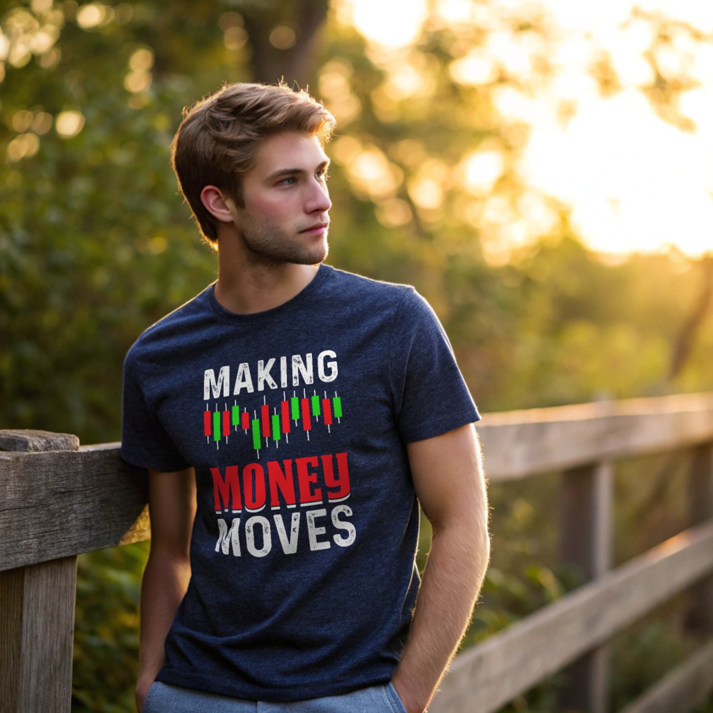 Money Moves T-Shirt — heather navy lifestyle park shot, leaning on fence with visible candlestick graphic