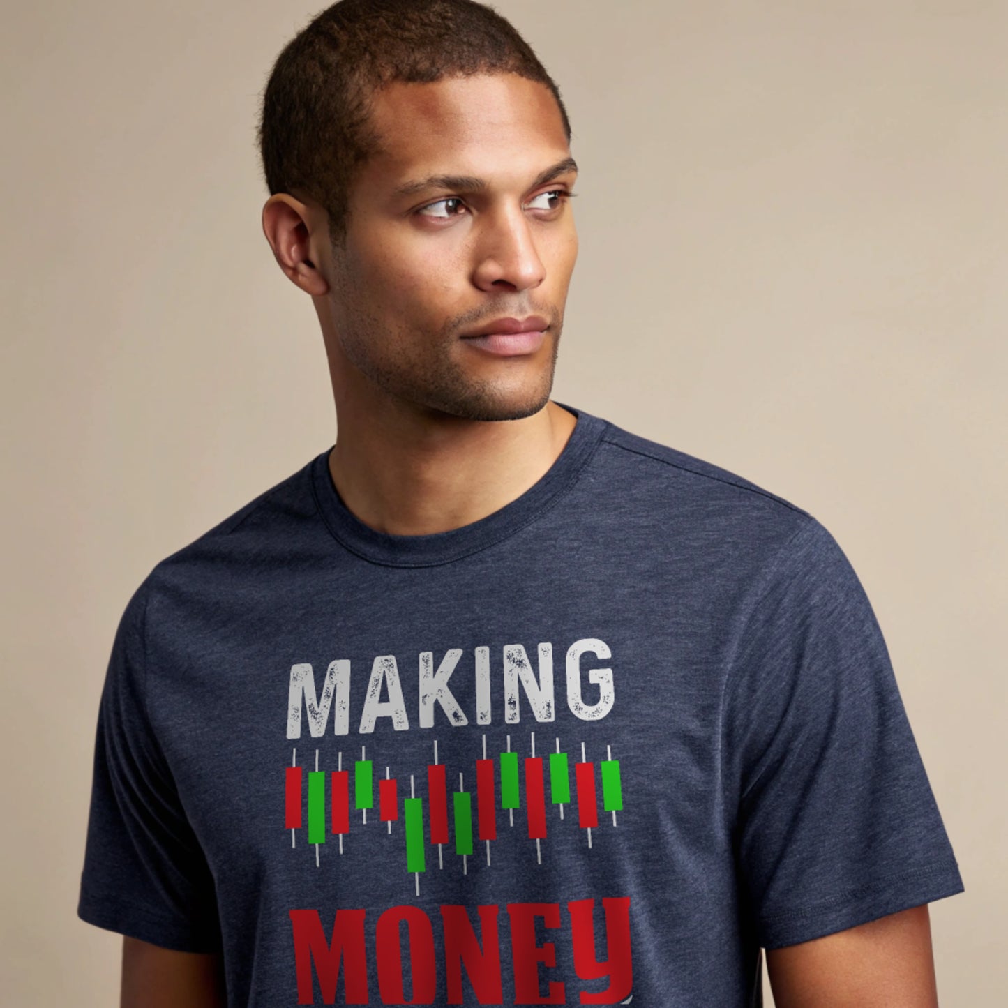 Money Moves T-Shirt — heather navy studio shot with textured fabric and clear candlestick design
