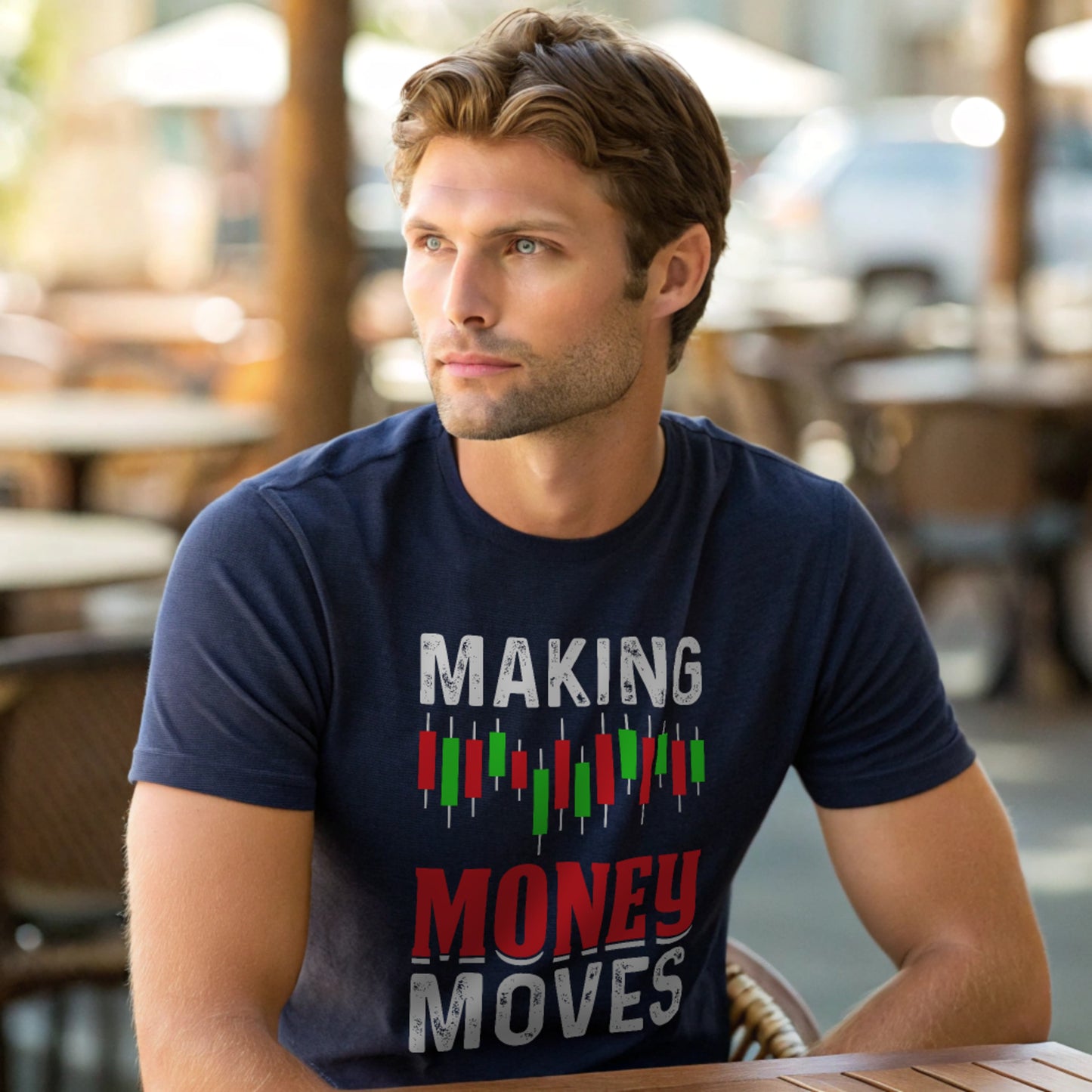 Money Moves T-Shirt — navy lifestyle cafe shot, casual outdoor table scene with clear chest print