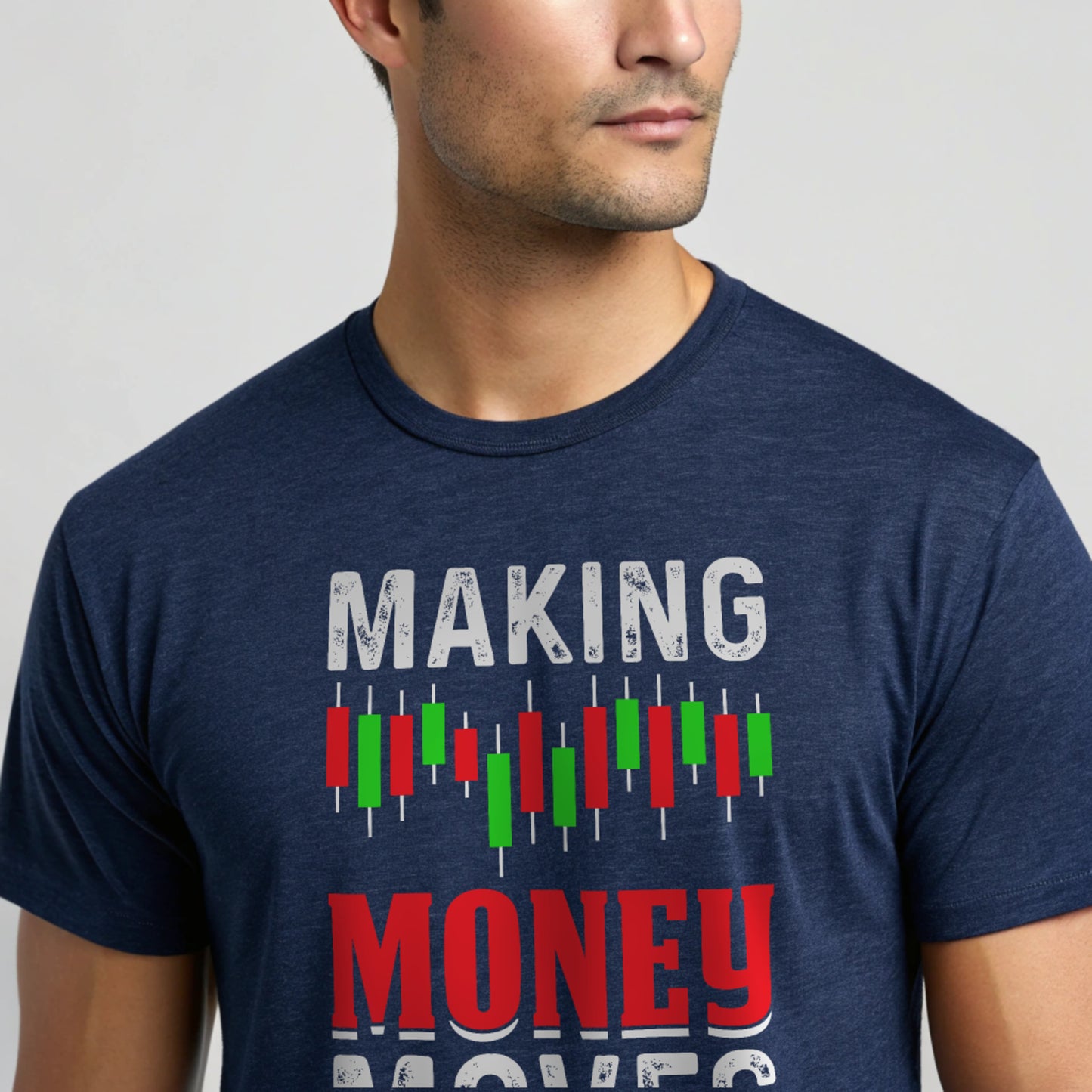 Money Moves T-Shirt — navy studio closeup with candlestick chart and bold "Money Moves" text