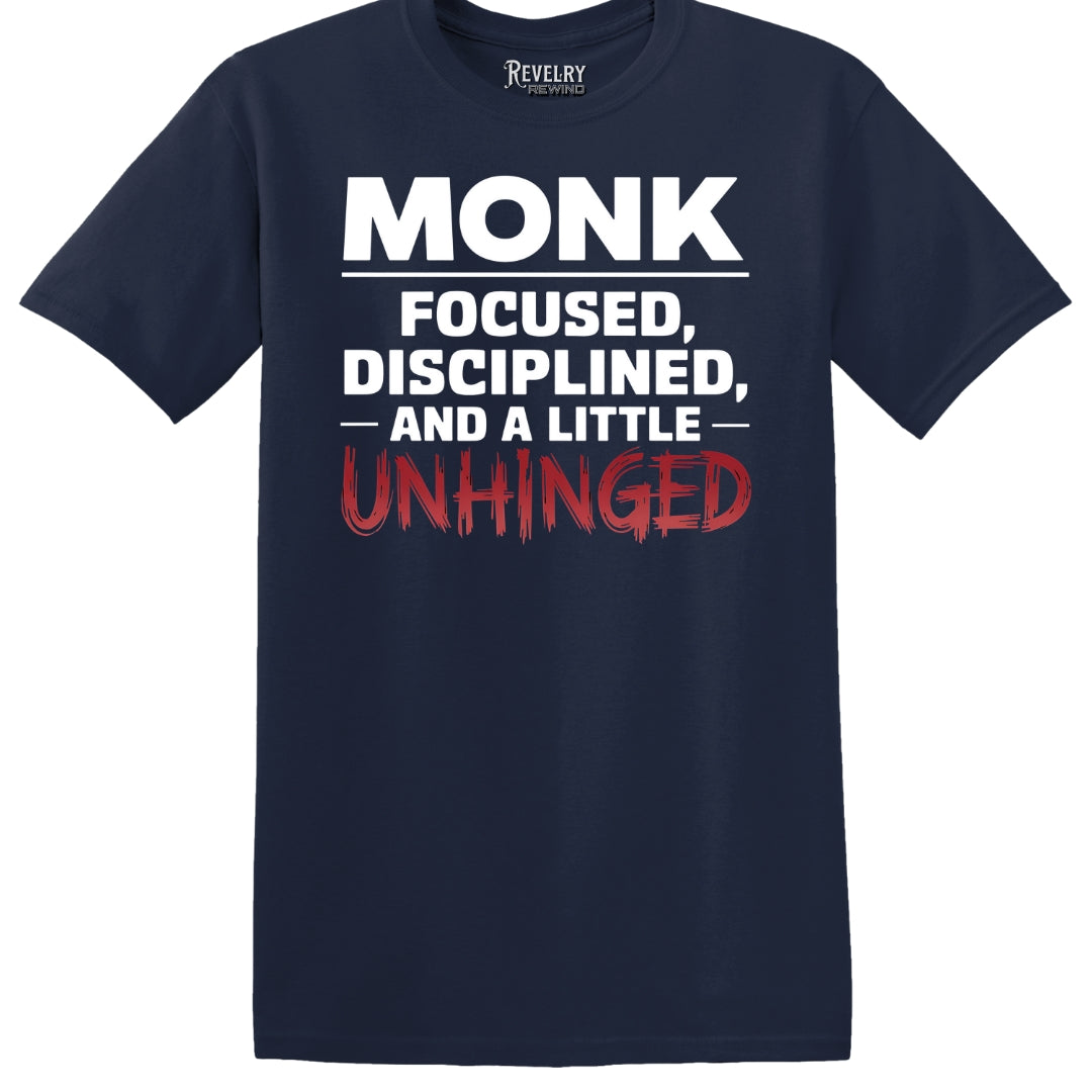 Navy flatlay of "Monk Mode: Unhinged" t-shirt for RPG monk class fans