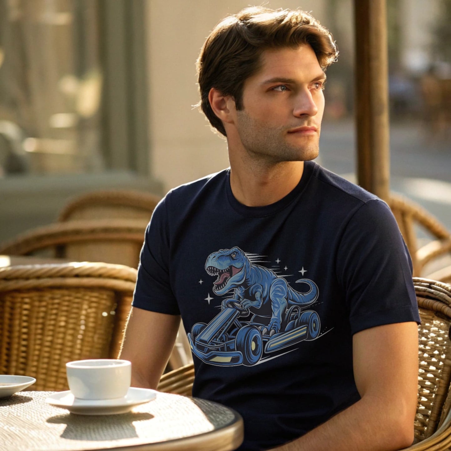 Male model seated at an outdoor café table in a navy crew-neck t-shirt with a blue dinosaur kart graphic, lifestyle café shot.