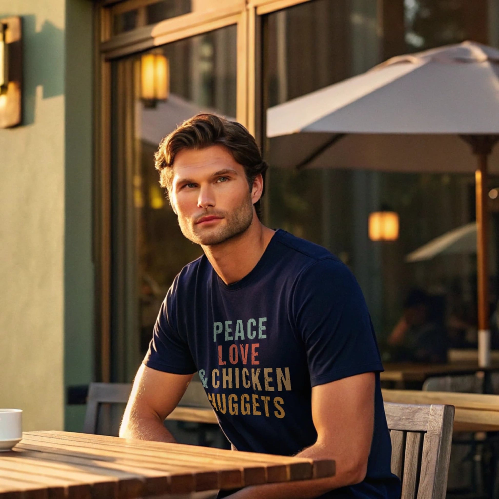 Male model seated at an outdoor café table in a navy crew-neck t-shirt with “Peace Love & Chicken Nuggets” text in multicolor block letters, lifestyle café shot.
