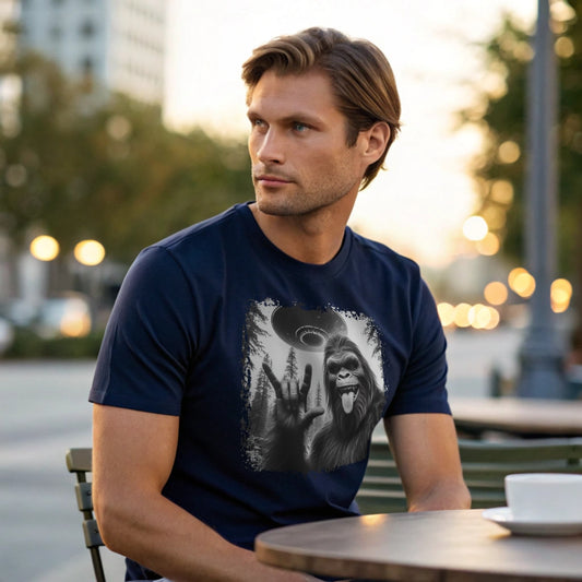 Male model seated at an outdoor café table wearing a navy crew-neck t-shirt featuring a white silhouette of Sasquatch raising its hand graphic, lifestyle café patio shot.