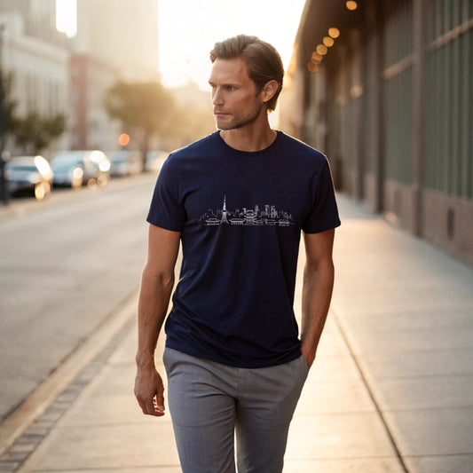 Male model strolling an urban sidewalk in a navy crew-neck t-shirt with a white city skyline graphic, lifestyle street shot.