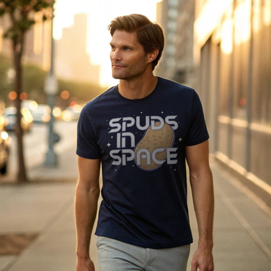 Male model strolling an urban sidewalk in a navy crew-neck t-shirt with “Spuds in Space” graphic, lifestyle street shot.