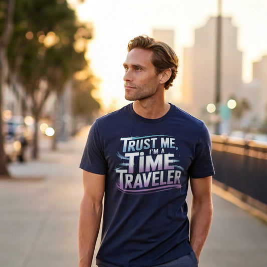 Male model strolling an urban sidewalk wearing a navy crew-neck t-shirt with “Trust Me, I’m a Time Traveler” graphic, lifestyle street shot.