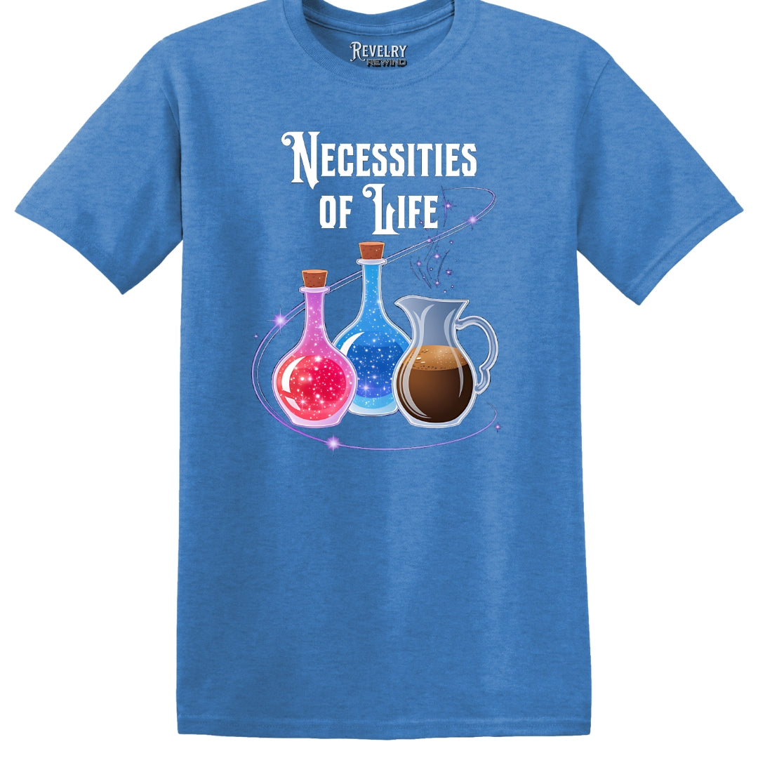 Flat lay of Necessities of Life design on heather royal t-shirt