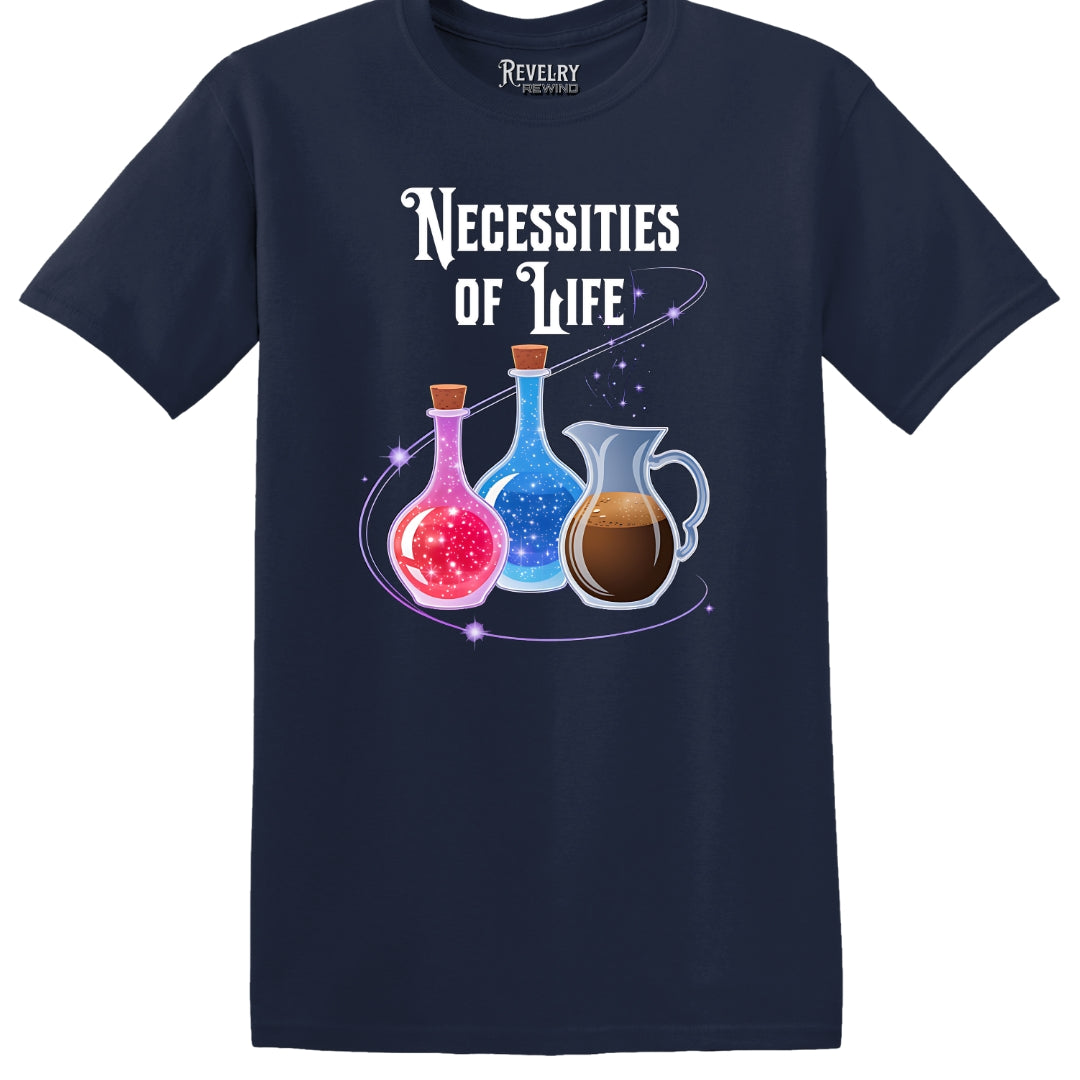 Flat lay of Necessities of Life design on navy t-shirt