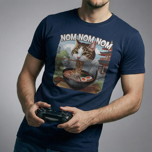 Navy Nom Nom Ramen Cat T-Shirt with cute noodle-eating cat graphic