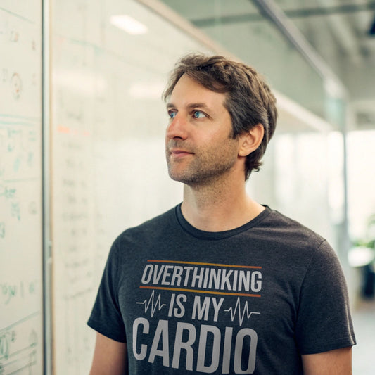Hyper-realistic mockup of a 25–40-year-old man wearing a dark heather Overthinking Cardio T-Shirt standing in a modern home office with a whiteboard full of mind-maps behind him.