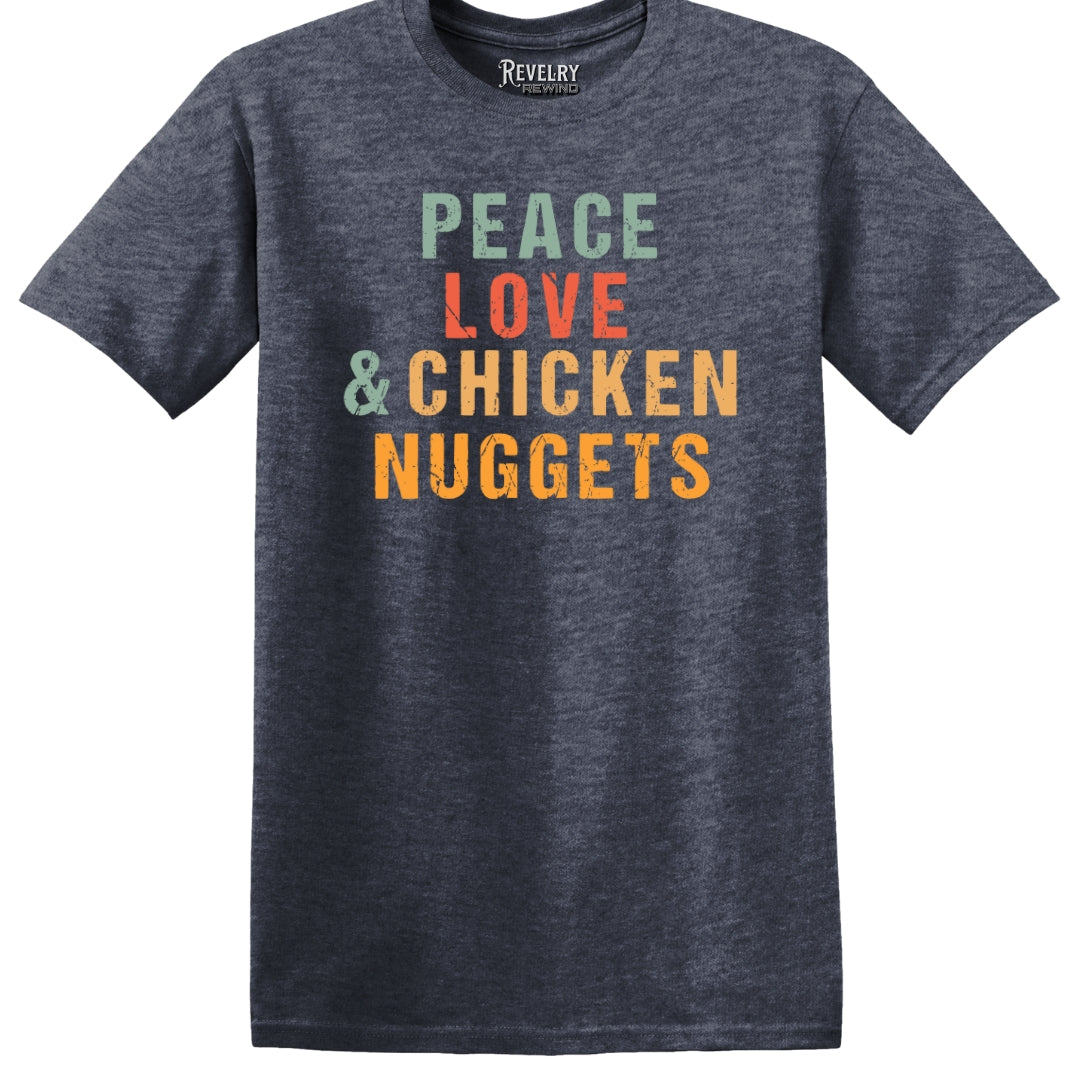 Flat lay of Peace Love & Chicken Nuggets design on heather navy t-shirt
