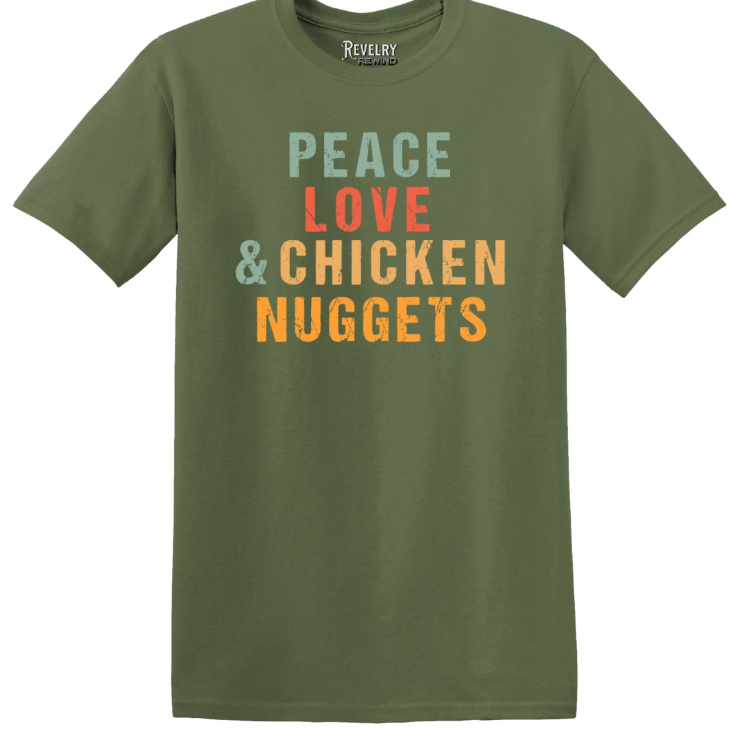 Flat lay of Peace Love & Chicken Nuggets design on military green t-shirt
