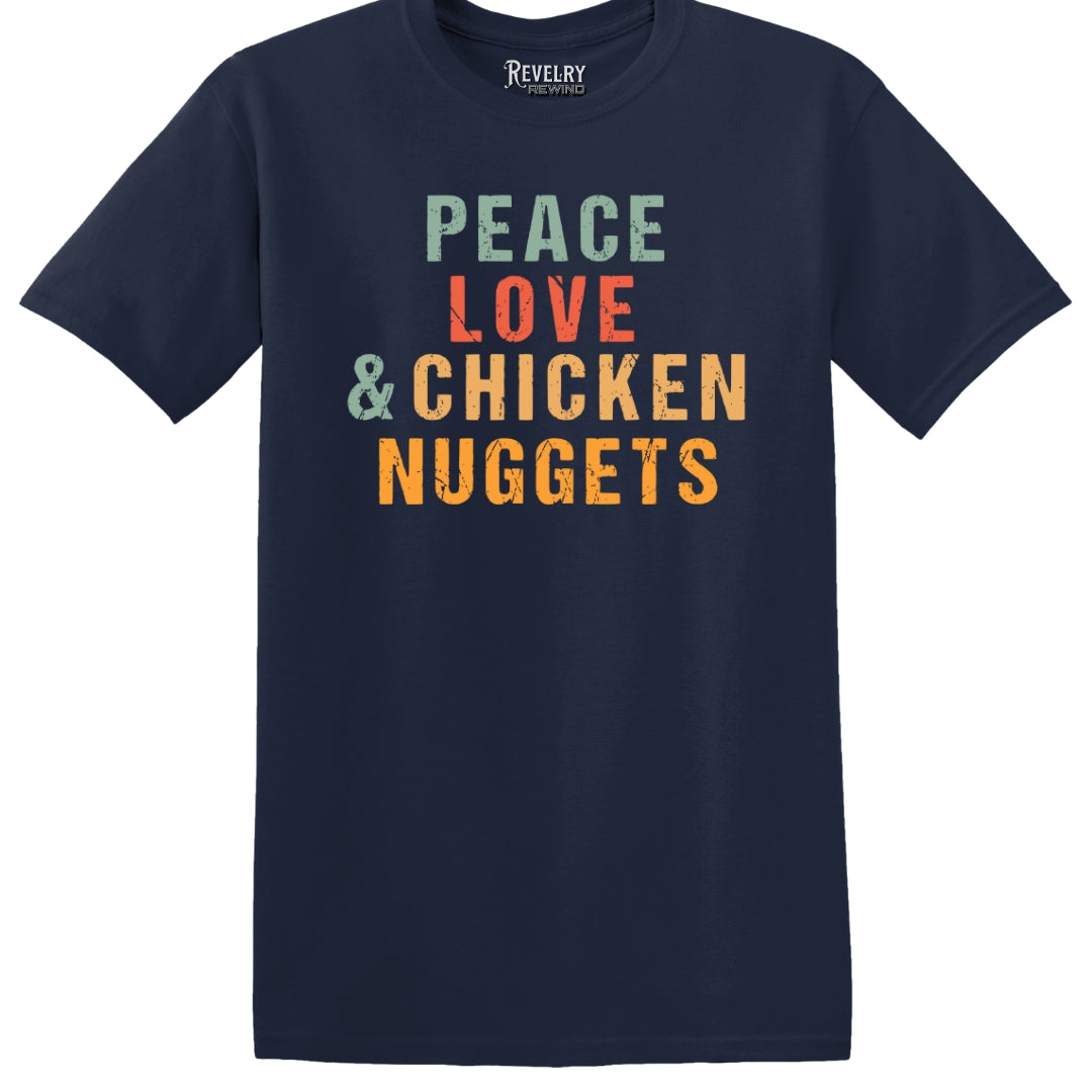 Flat lay of Peace Love & Chicken Nuggets design on navy t-shirt