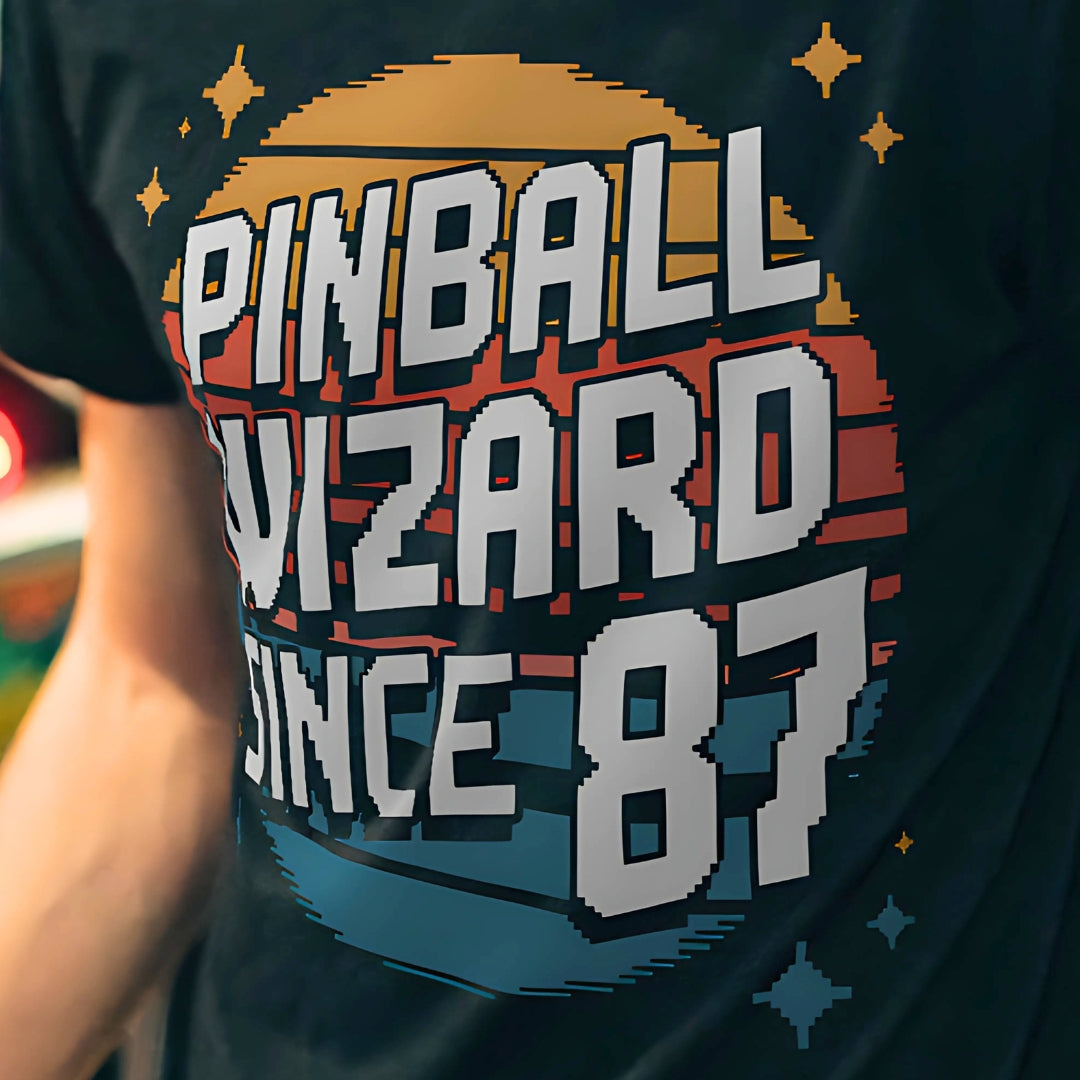 Close-up of Pinball Wizard modal Since ’87 design on t-shirt