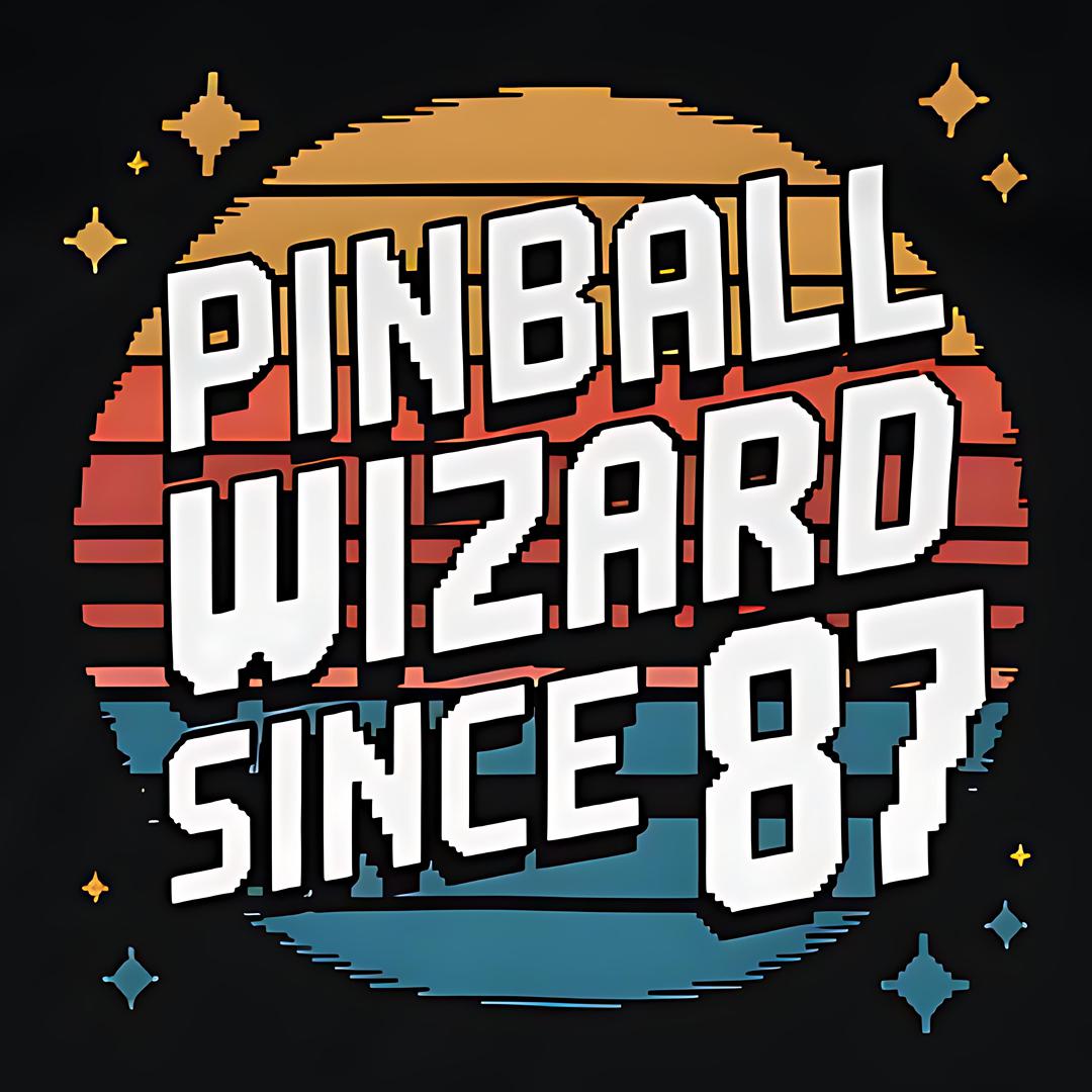 Close-up of Pinball Wizard Since ’87 design on t-shirt