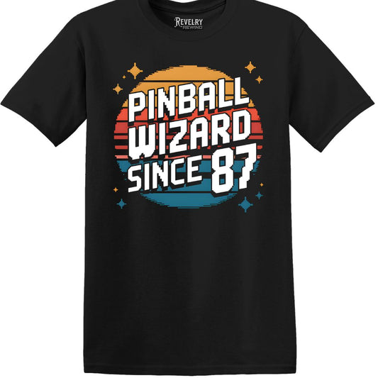 Flat lay of Pinball Wizard Since ’87 design on black t-shirt